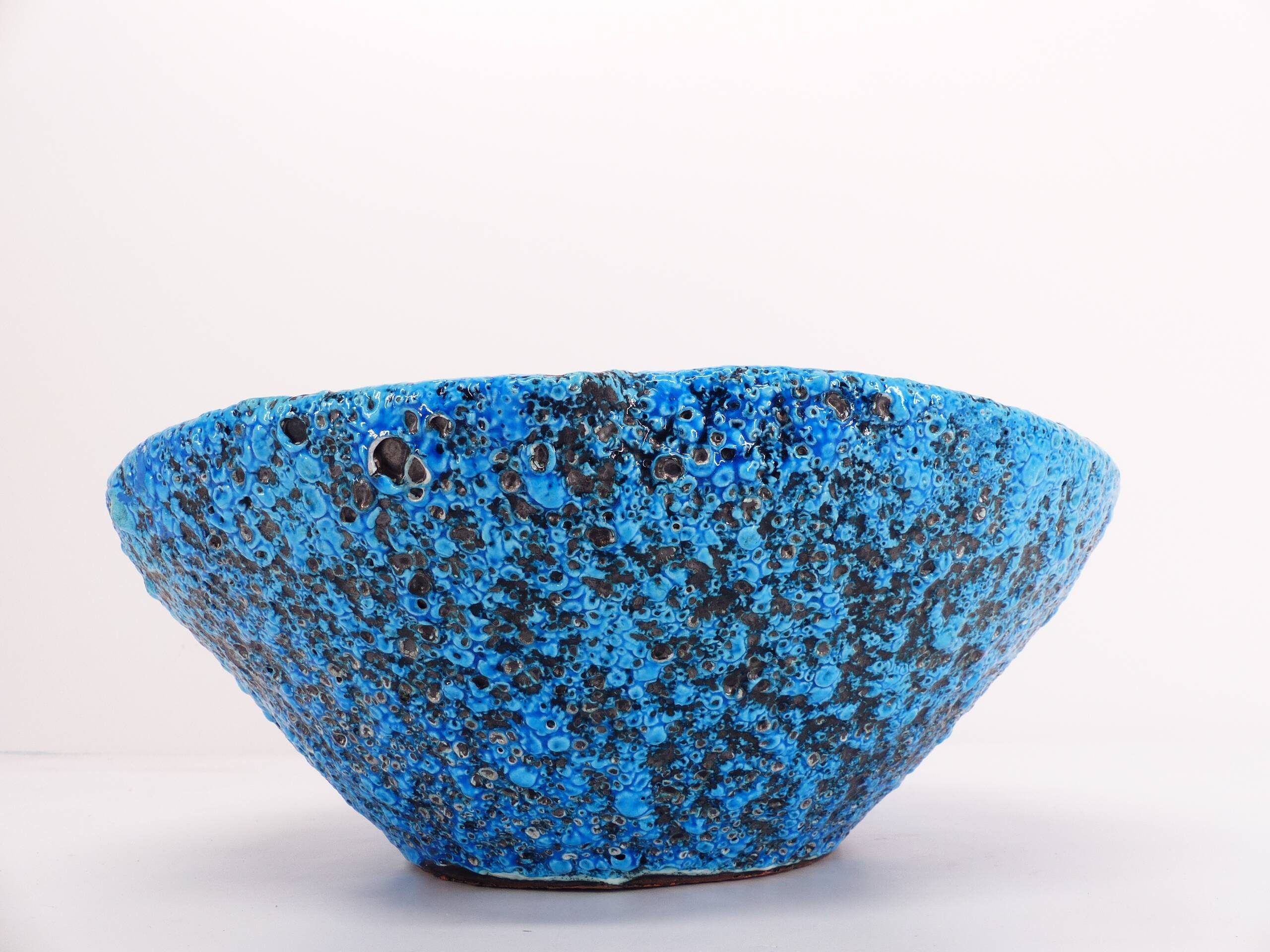 Ceramic fruit bowl with turquoise blue sea foam enamels, 1950