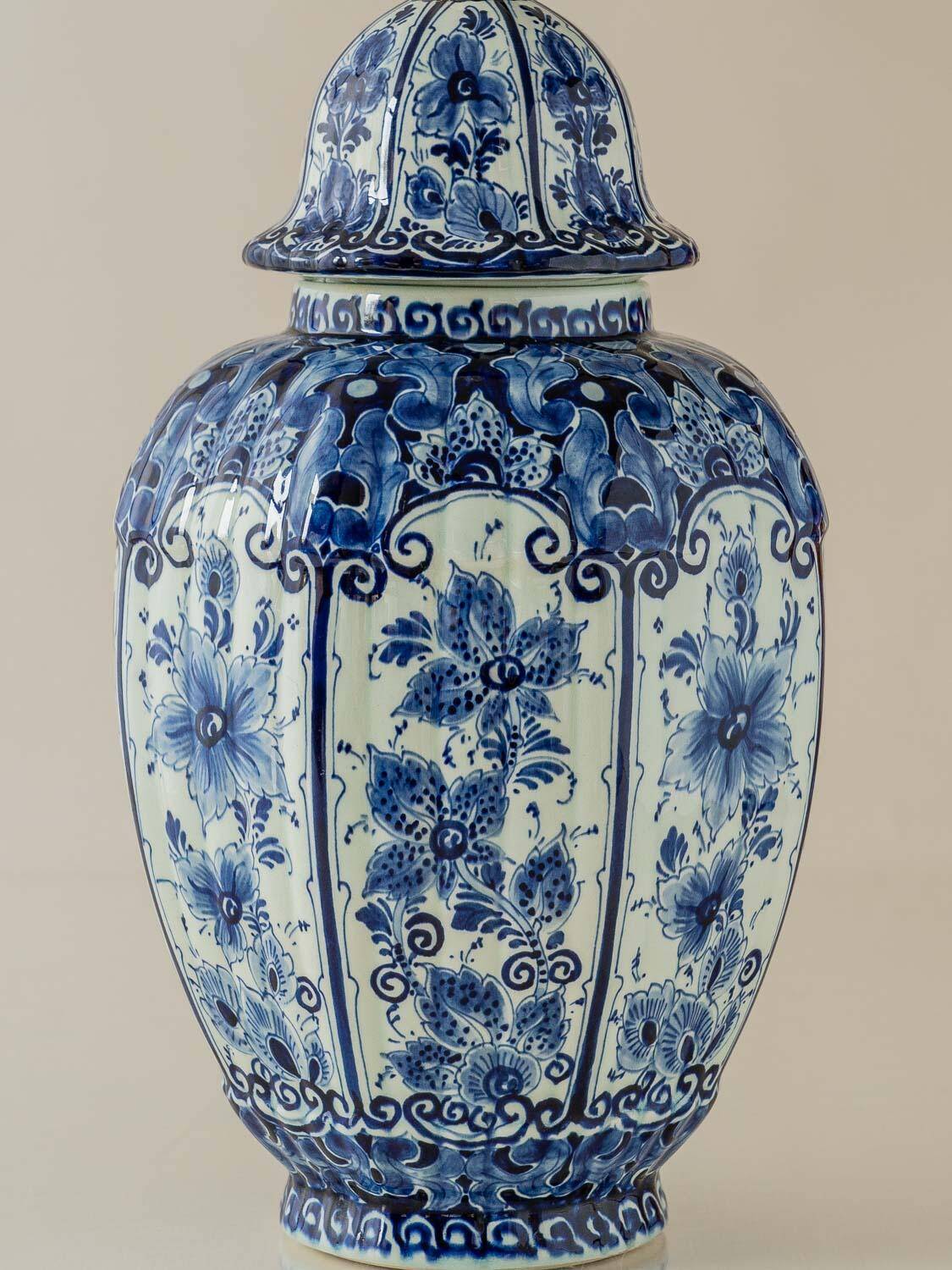 Hand-Painted Ceramic Table Lamp in Delft Blue and White with Ikat Shade
