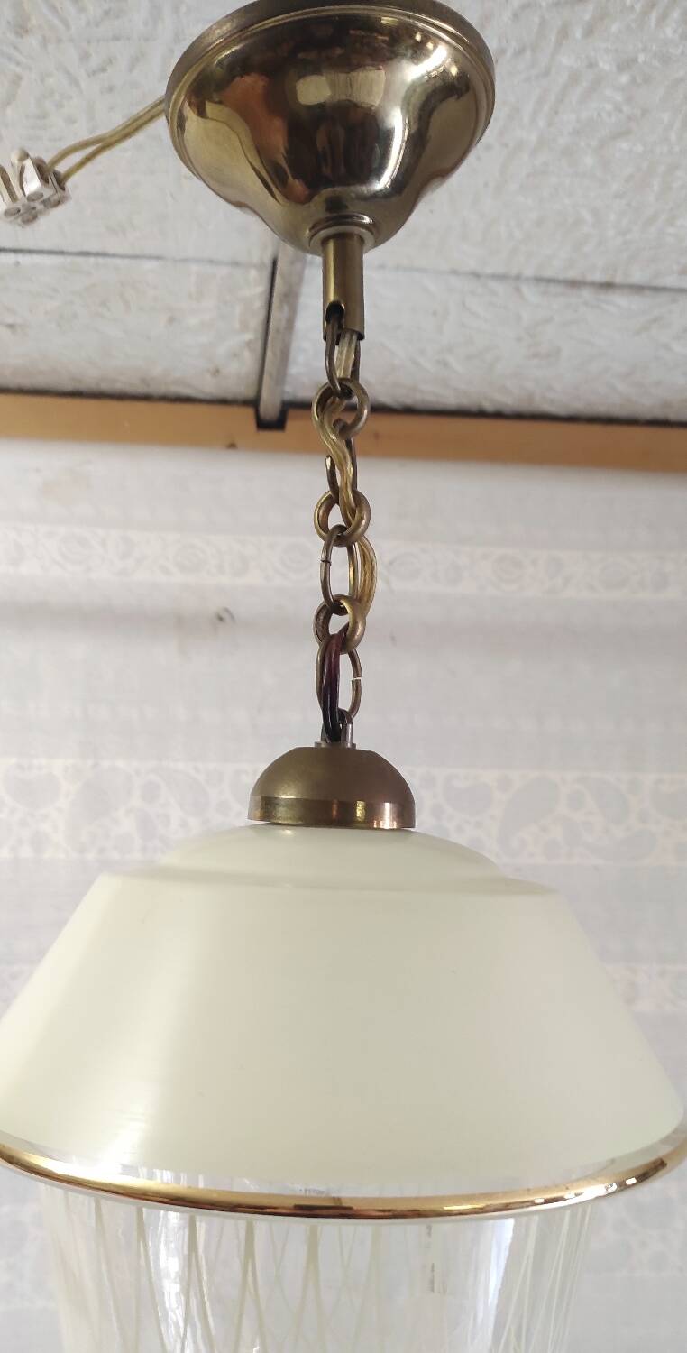 Vintage pendant light in glass and gold metal - 1960s