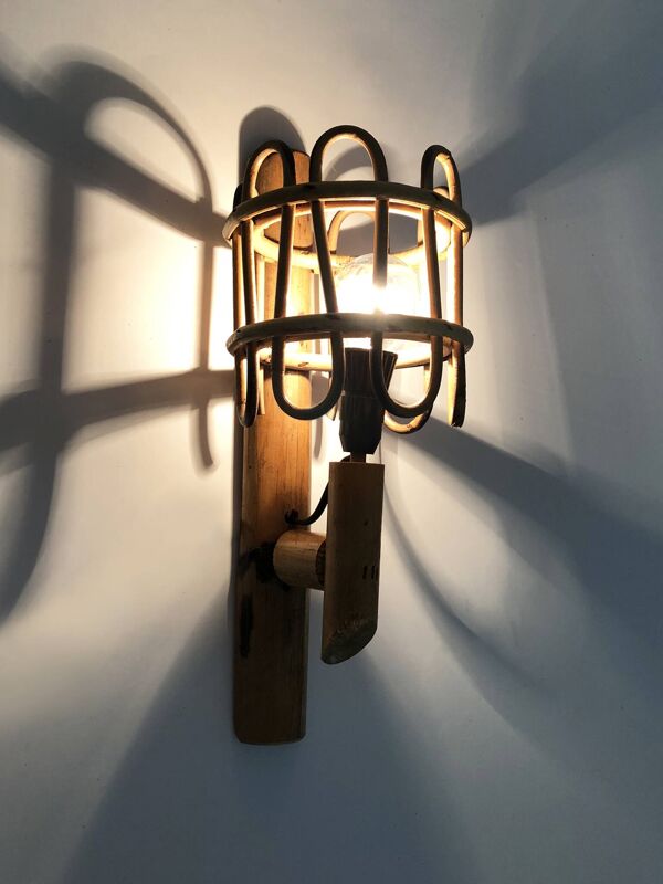 Paire d'appliques murales lanterne en bambou rotin. Années 50 60