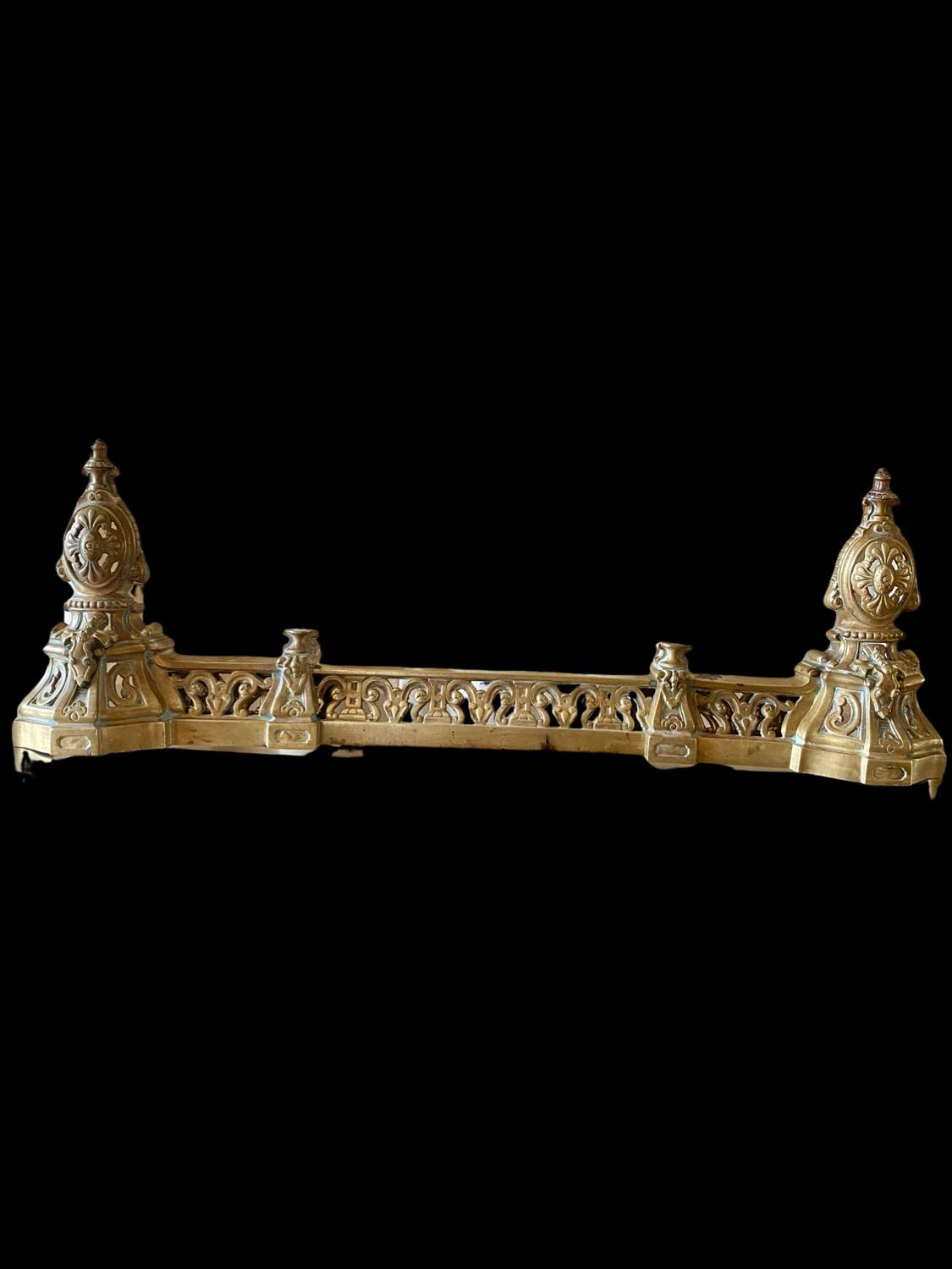 3 gilded bronze fireplace accessories 2 andirons and 1 fire bar