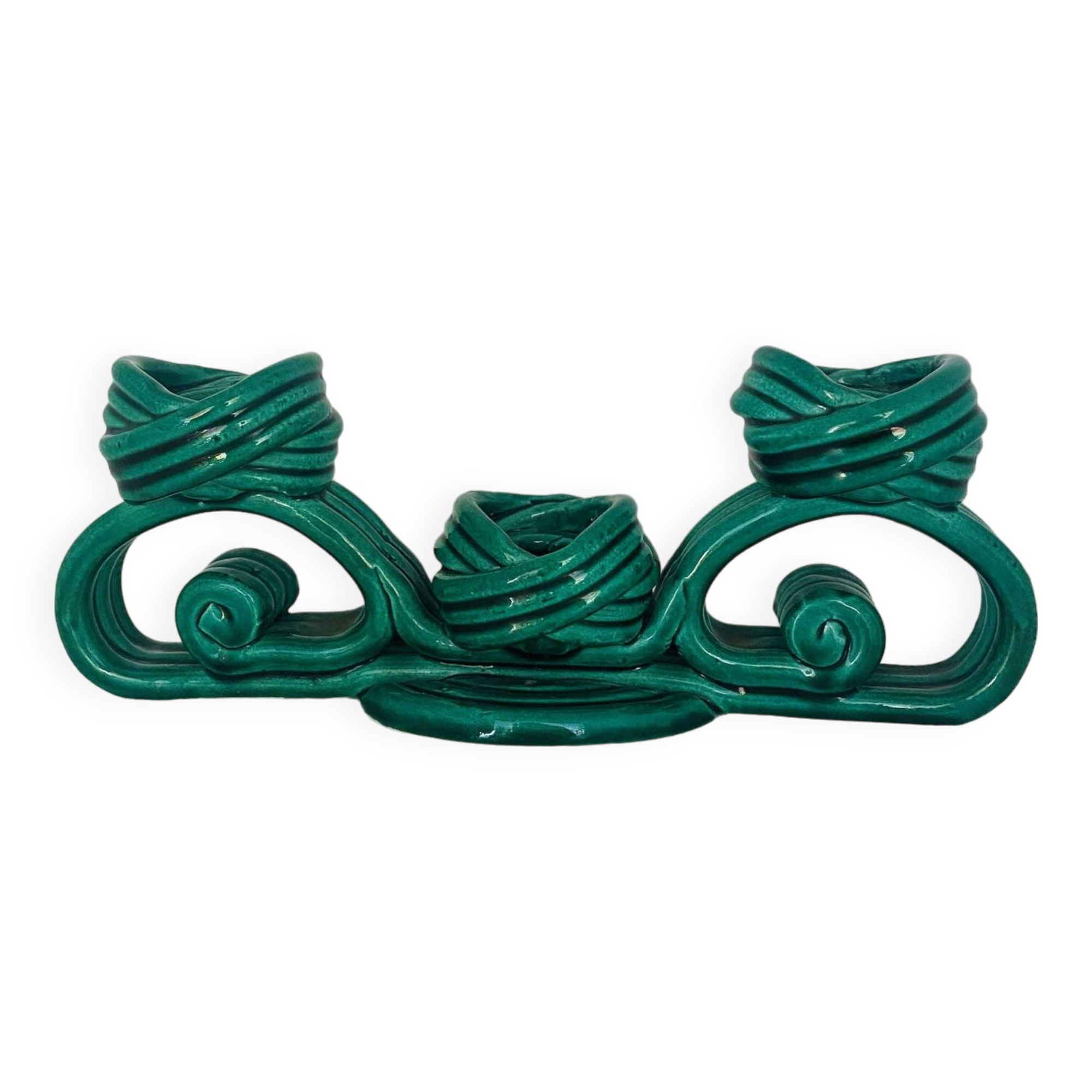 Twisted green ceramic candle holder from Vallauris 1950s