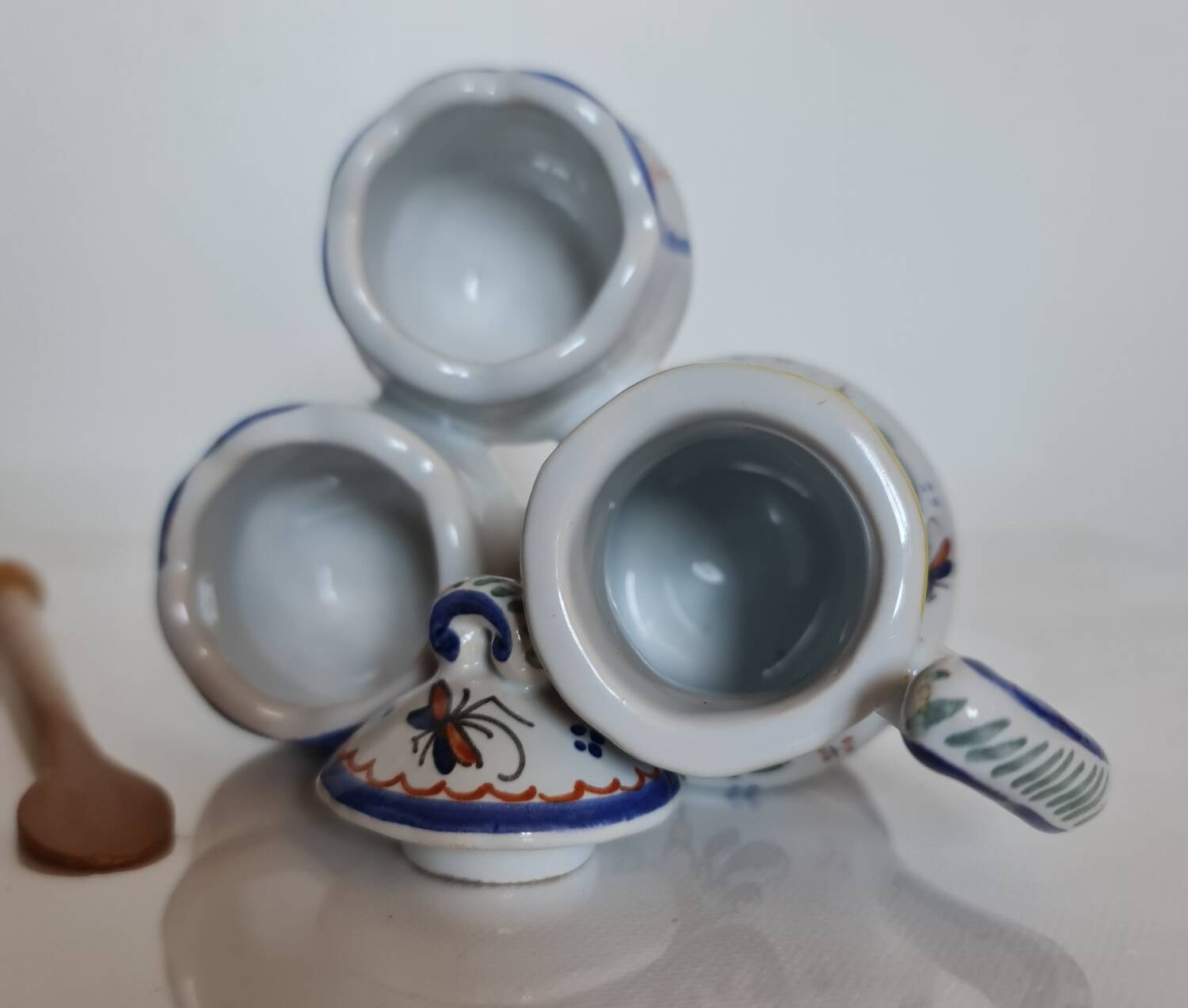 Mustard, salt and pepper shaker set with Rouen decor