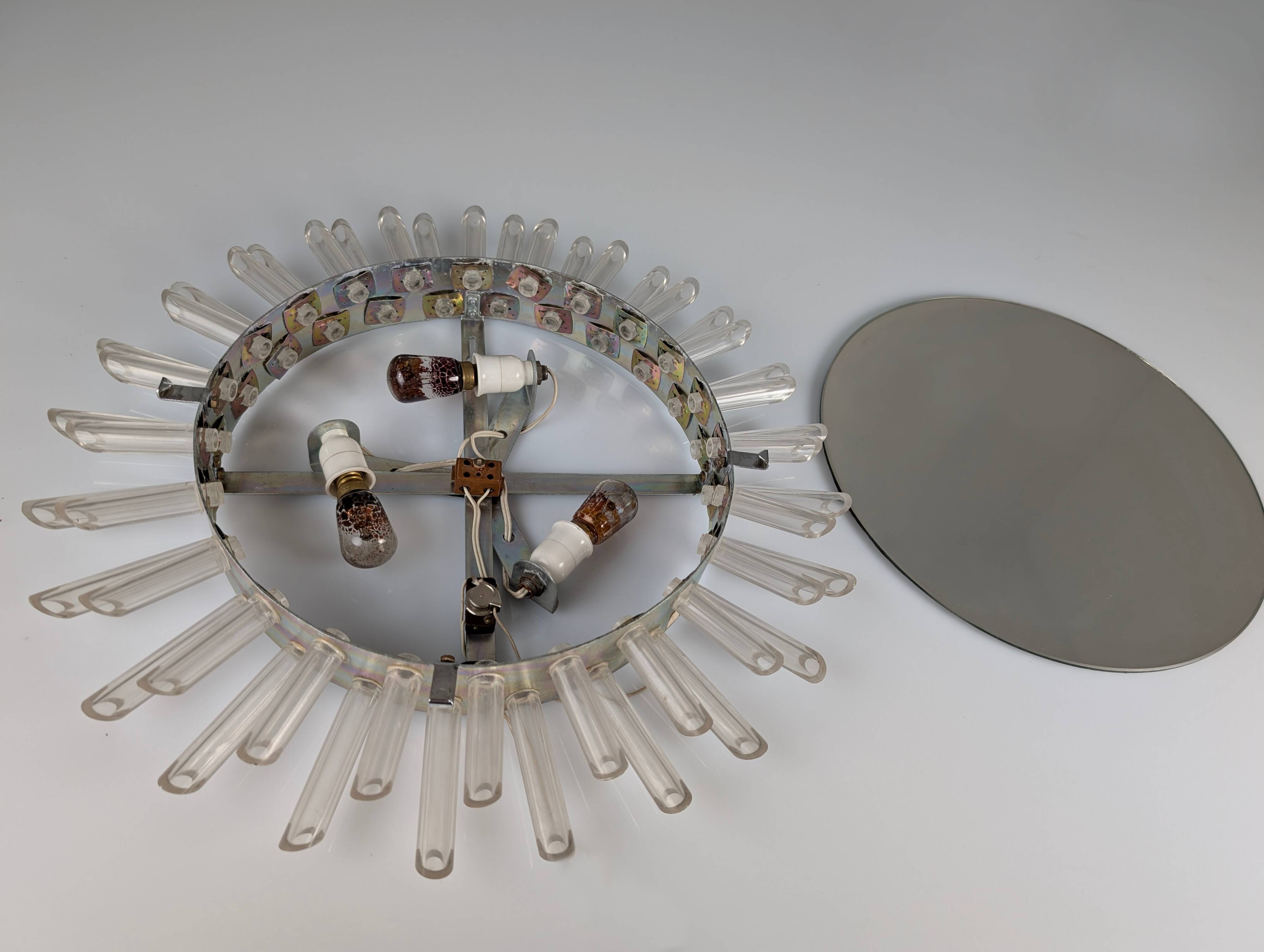 Mid-Century Modern Sunburst Mirror Wall Lamp in Lucite with Pink Glow, 1970