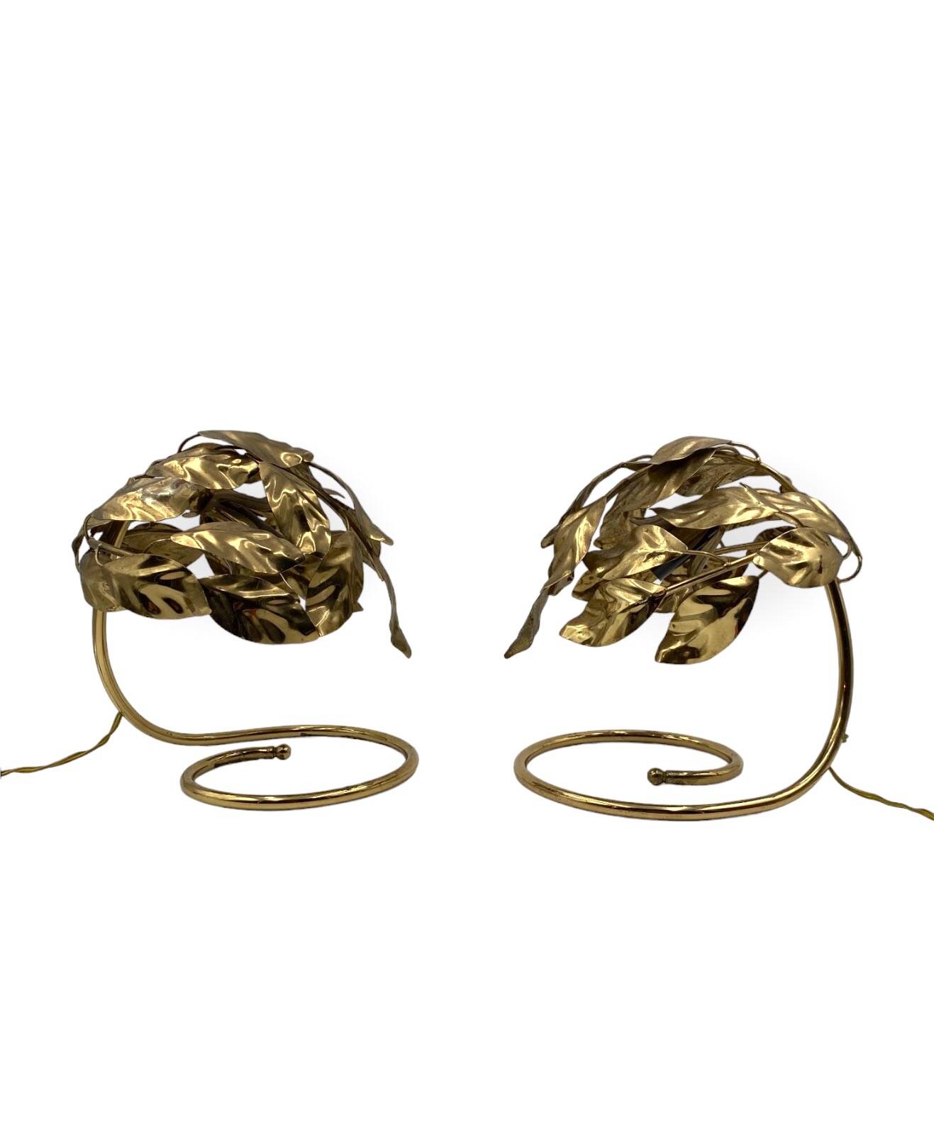 Hollywood regency set of 2 brass leaves table lamps, Bottega Gadda Italy, 1970s