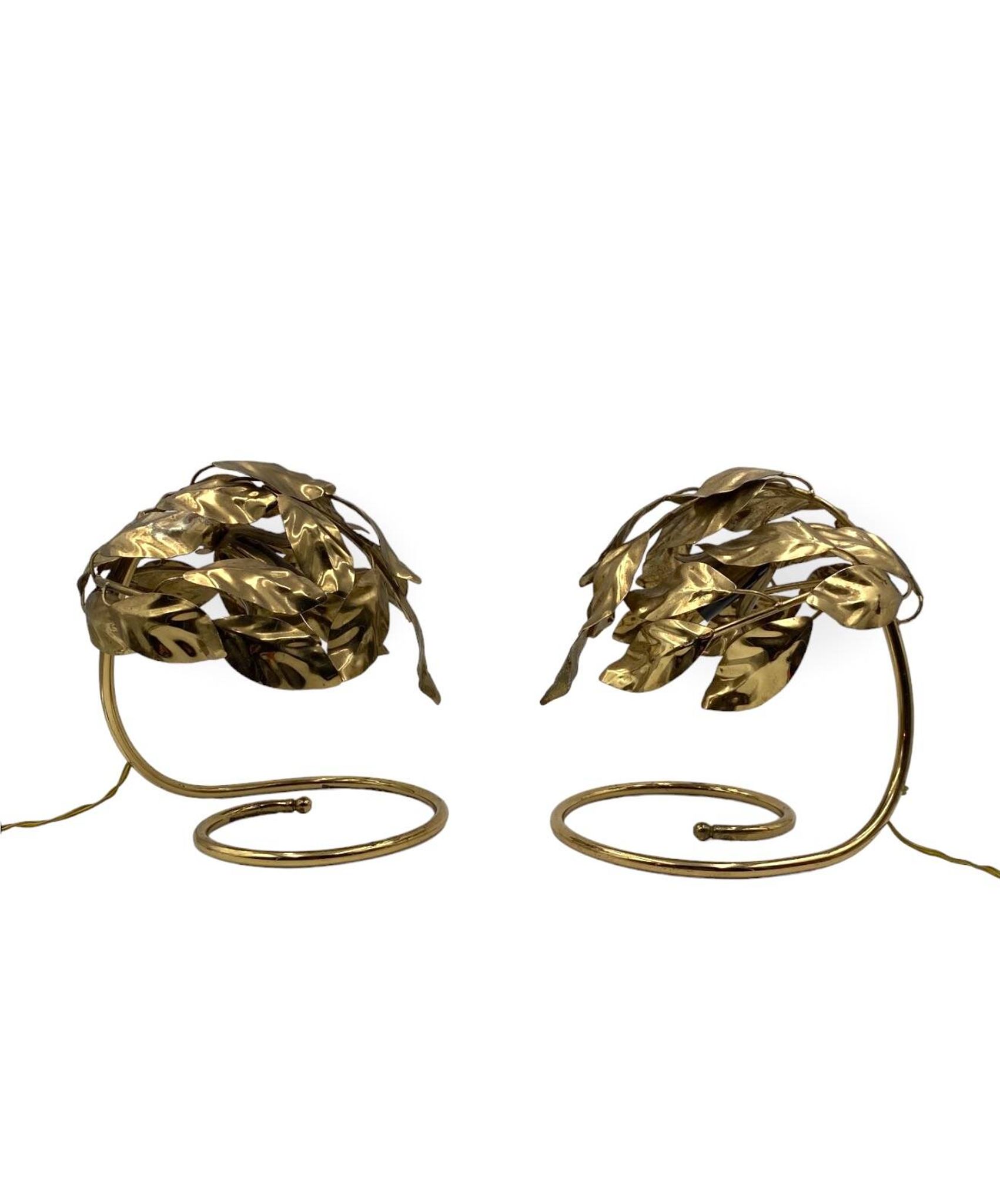 Hollywood regency set of 2 brass leaves table lamps, Bottega Gadda Italy, 1970s