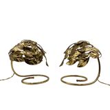 Hollywood regency set of 2 brass leaves table lamps, Bottega Gadda Italy, 1970s