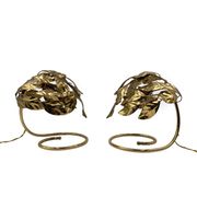 Hollywood regency set of 2 brass leaves table lamps, Bottega Gadda Italy, 1970s
