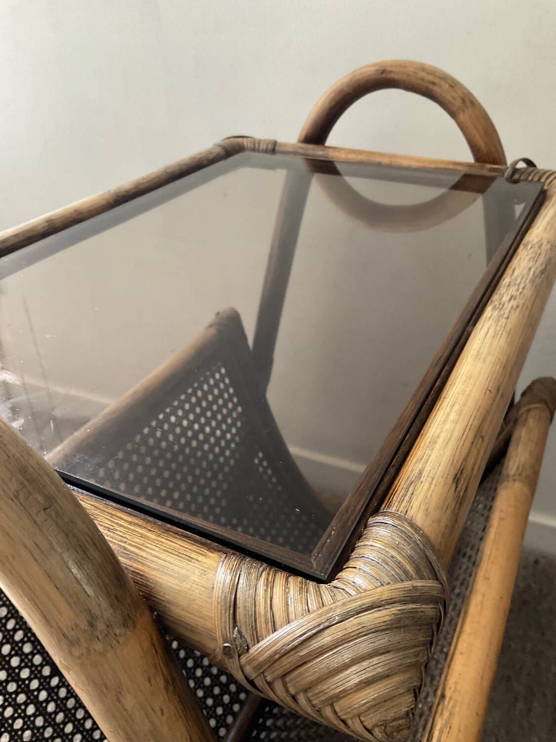 Vintage rattan side table with magazine holder