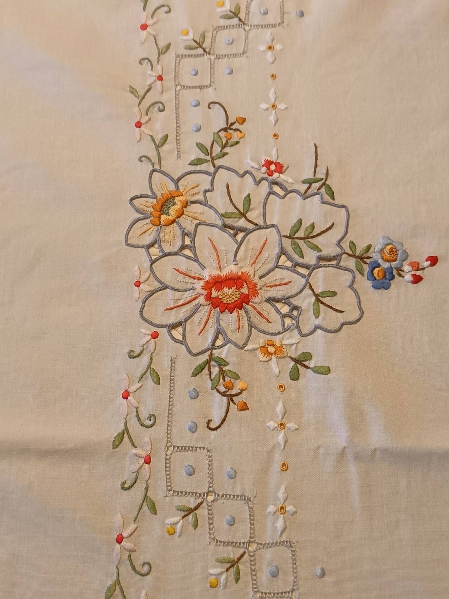 Large old embroidered and openwork tablecloth and 8 napkins.