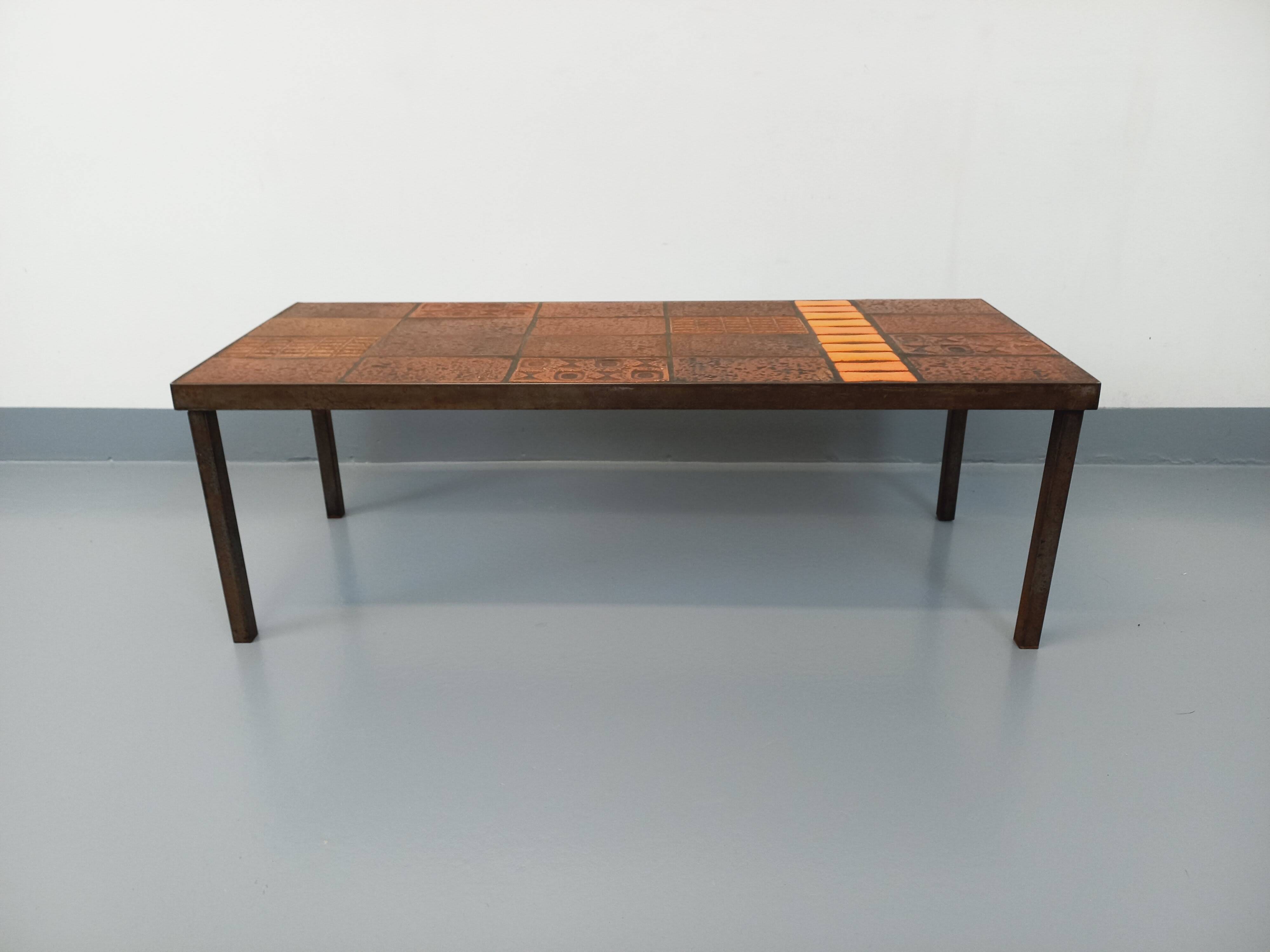 Vintage rectangular coffee table by Jean Jaffeux in steel and ceramic from the 60s