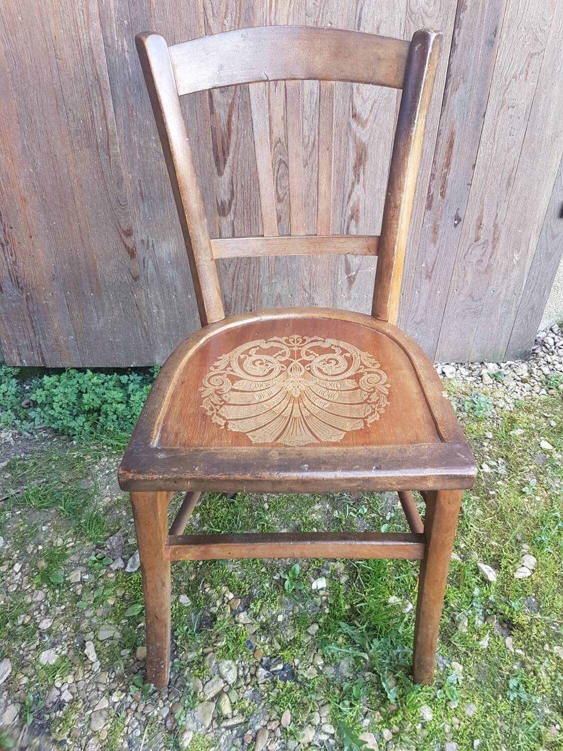 Old wooden bistro chair seat vintage relief drawing