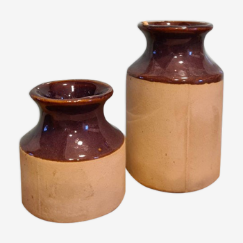 Duo antique vases glazed sandstone vintage mid century