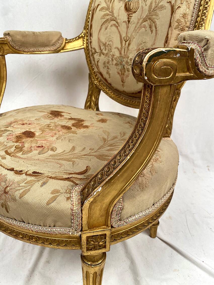 Louis XVI style gilded wood armchair, late 19th or early 20th century