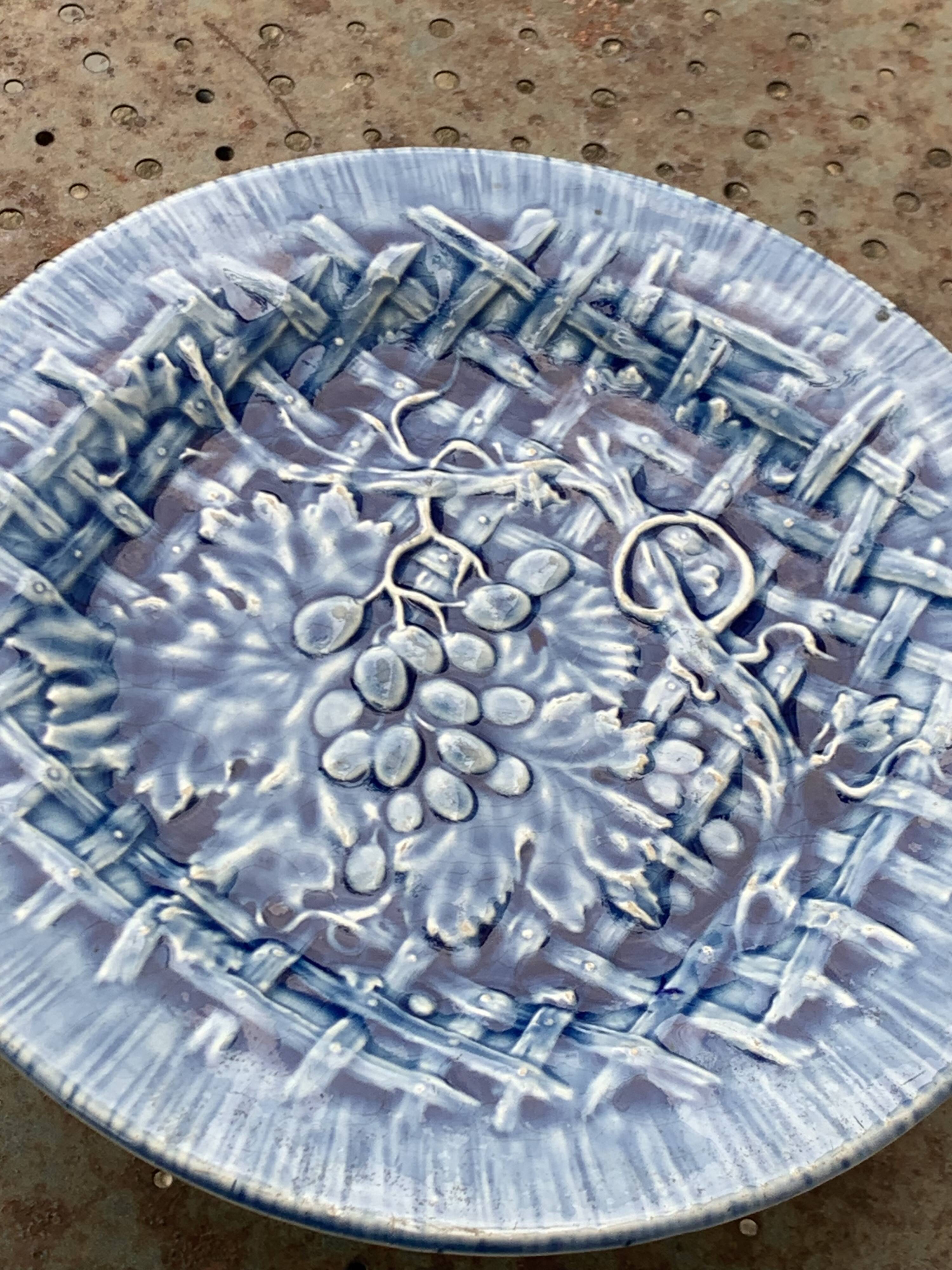 Fruit bowl, blue earthenware compote dish, slip, grape model, HBC