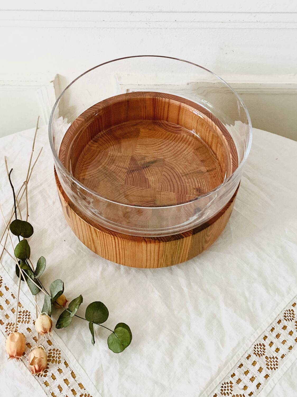 Large Scandinavian glass and wood salad bowl BLOMBERG GOTENE SWEDEN