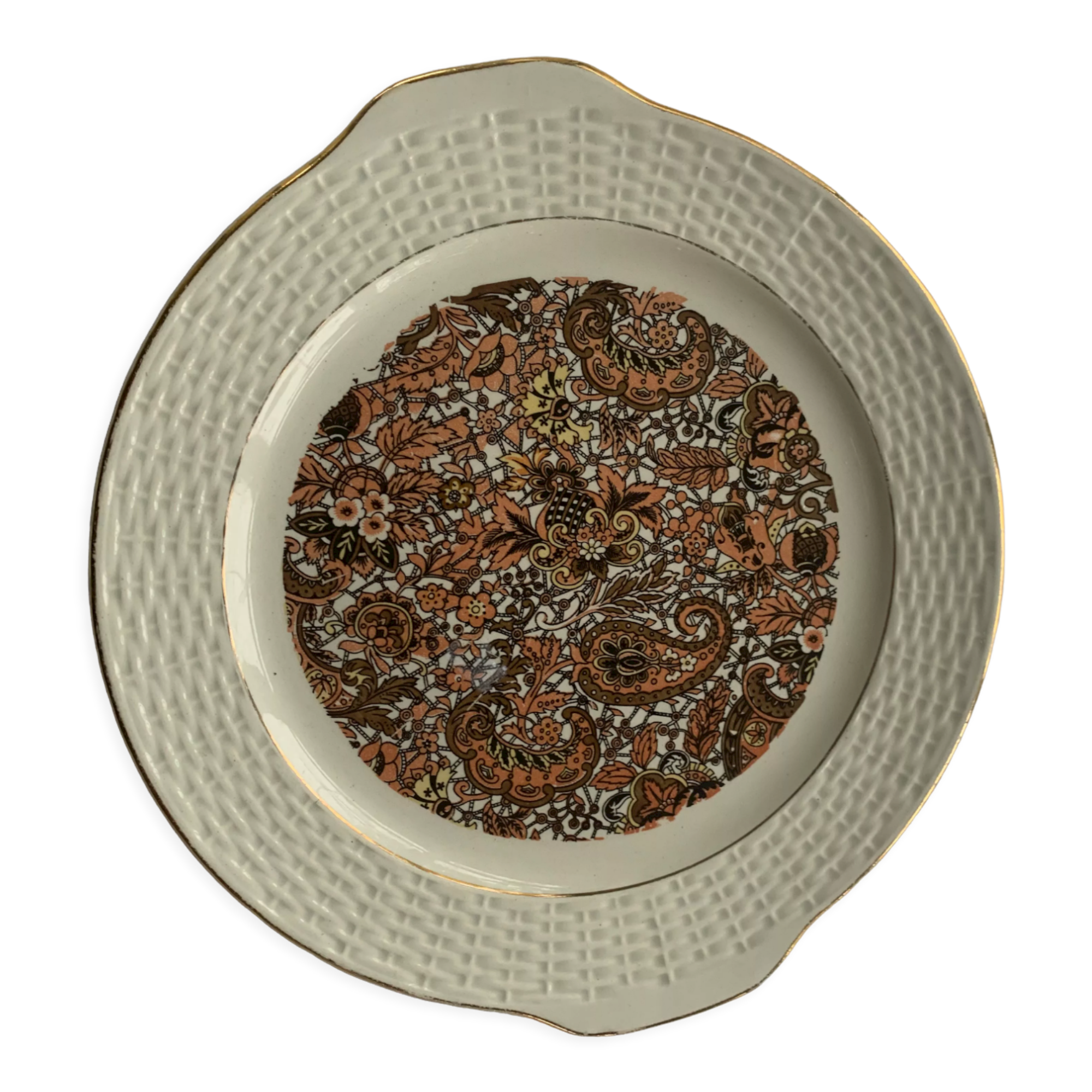Plat à gâteaux en faïence motif cachemire vintage