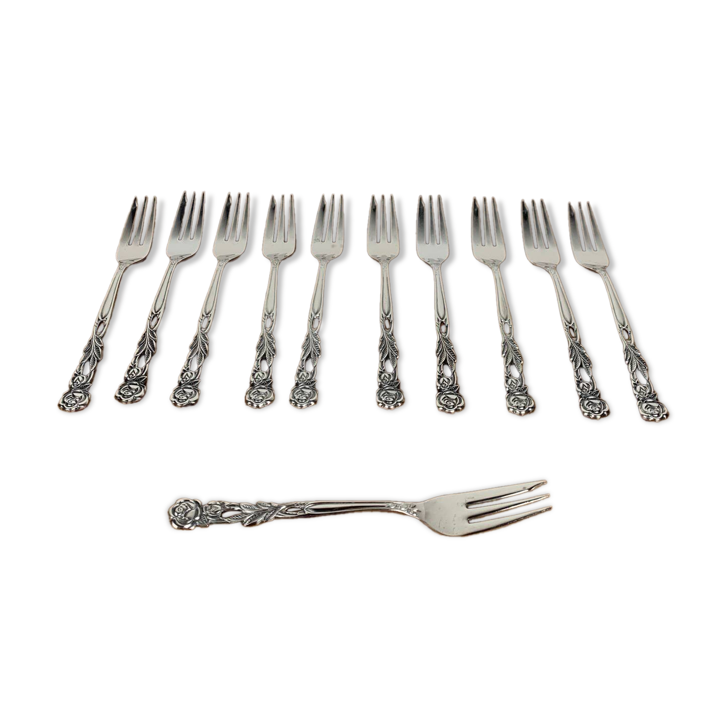 Set of 10+1 Japanese stainless steel dessert forks, rose pattern, 1970
