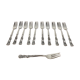 Set of 10+1 Japanese stainless steel dessert forks, rose pattern, 1970