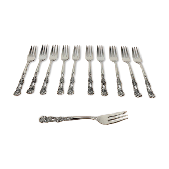 Set of 10+1 Japanese stainless steel dessert forks, rose pattern, 1970