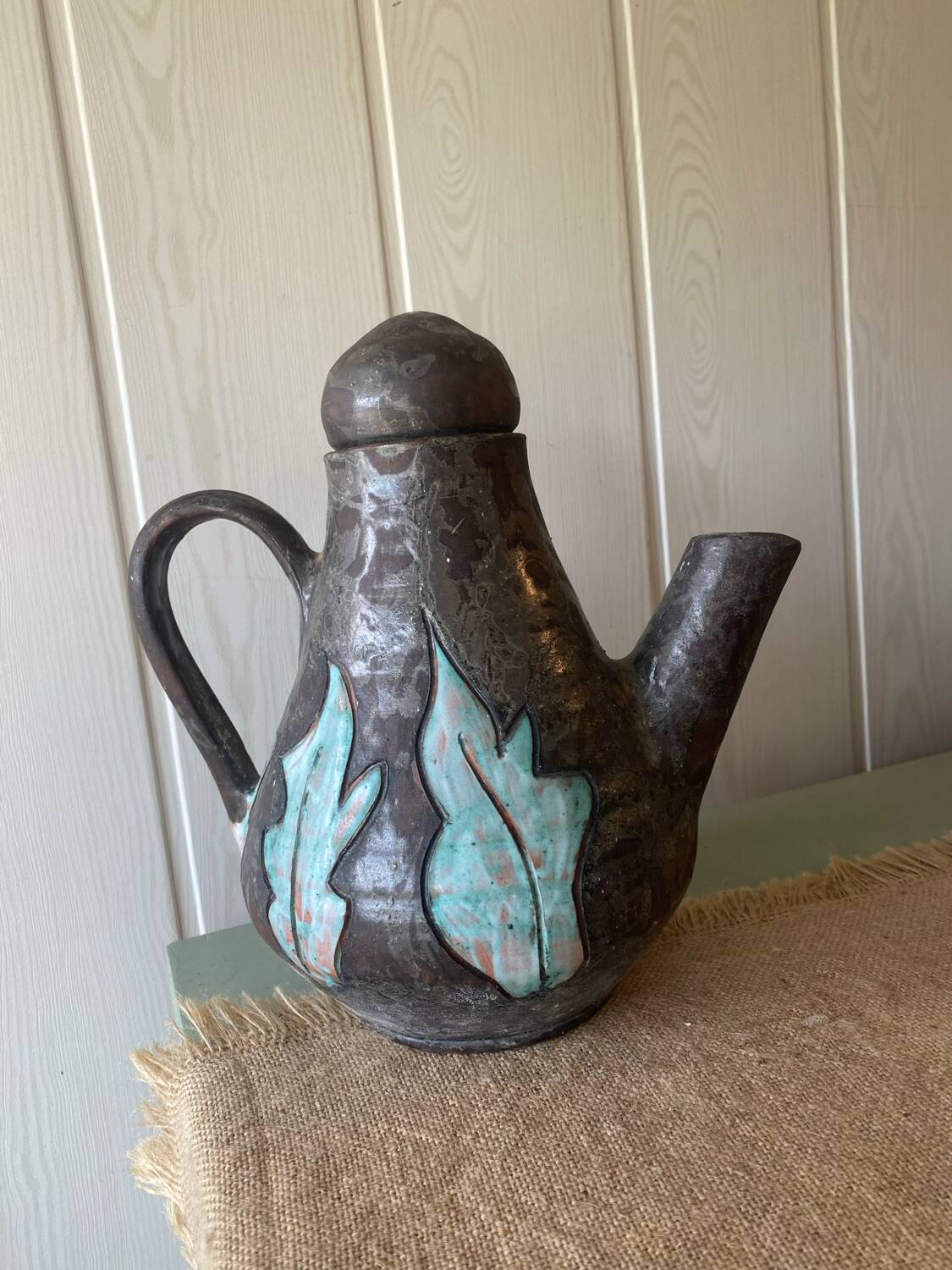 Enamelled terracotta teapot signed Keka