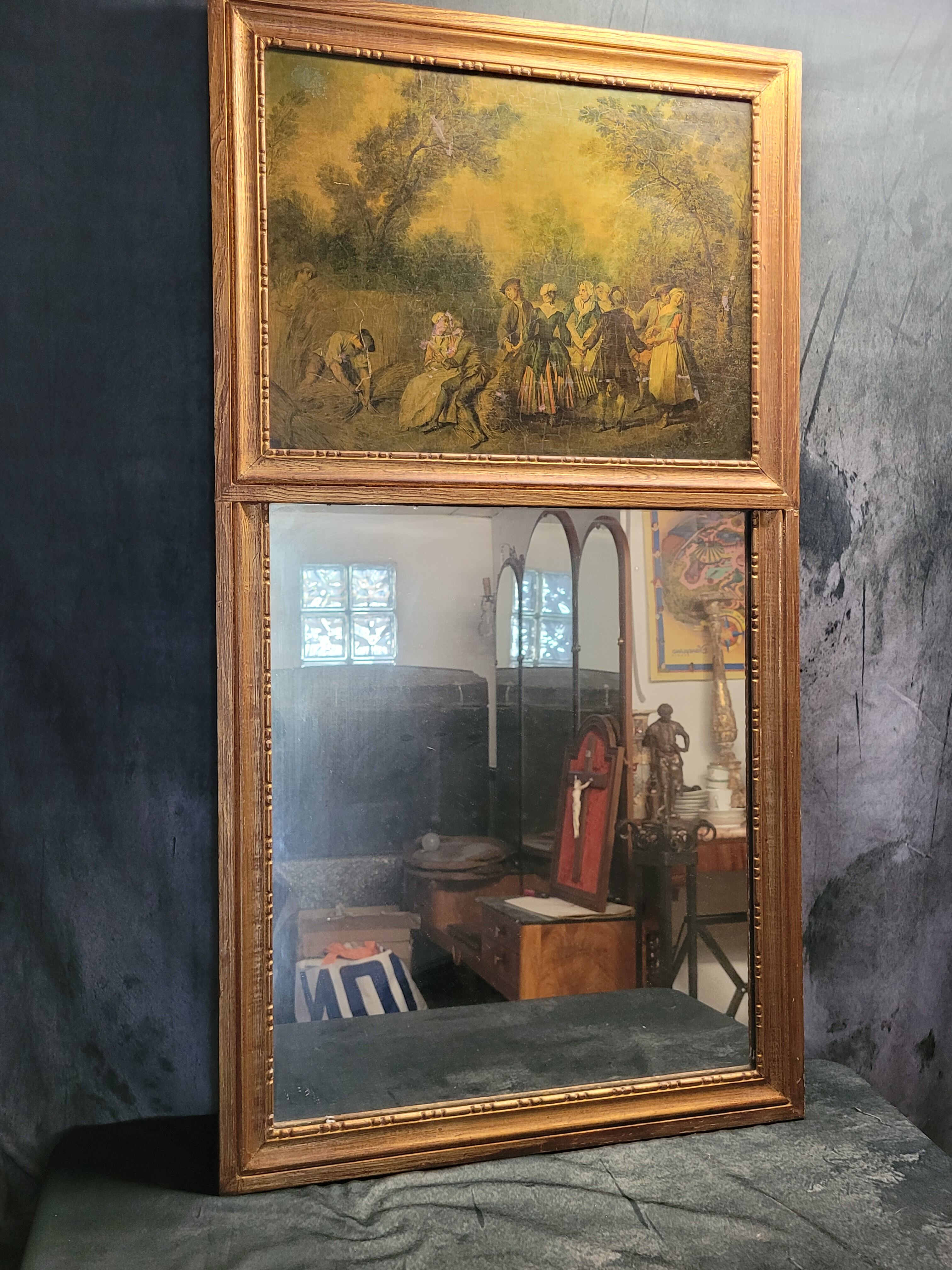 Gilded wooden trumeau surmounted by a gallant scene - 1900