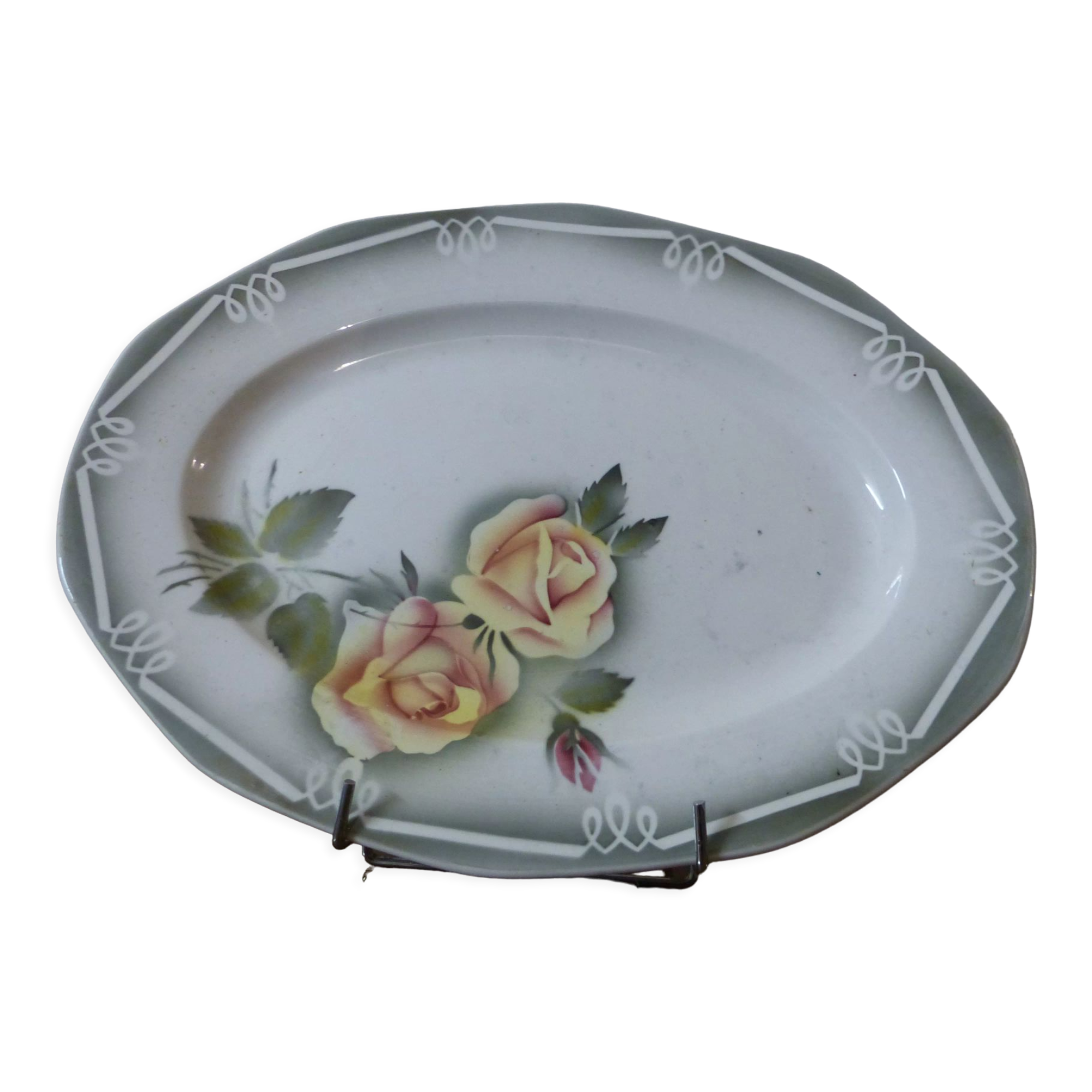 Old faience dish, digoin, sarreguemines, rose decoration.