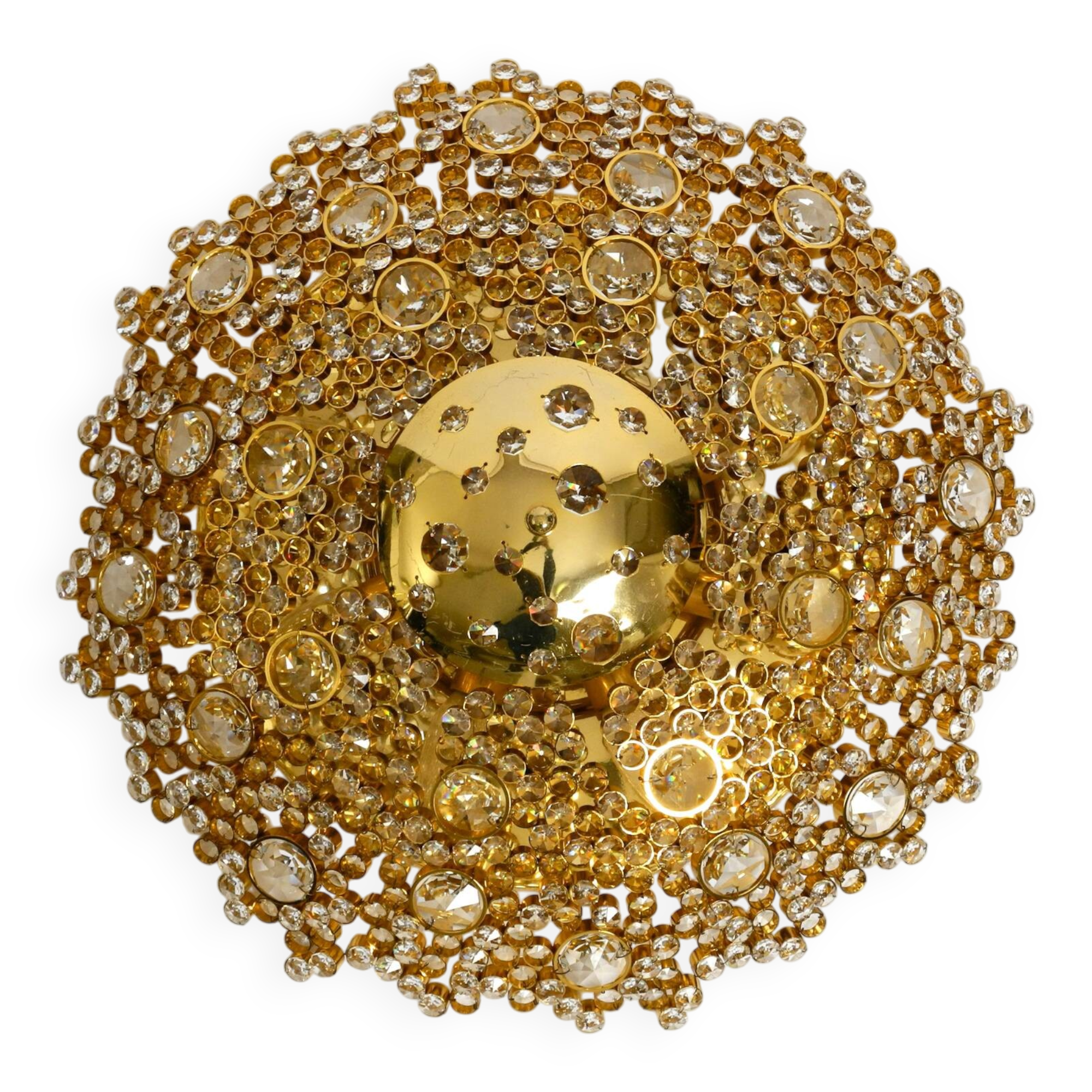 Gorgeous large 1970s Palwa brass ceiling or wall lamp with faceted crystal