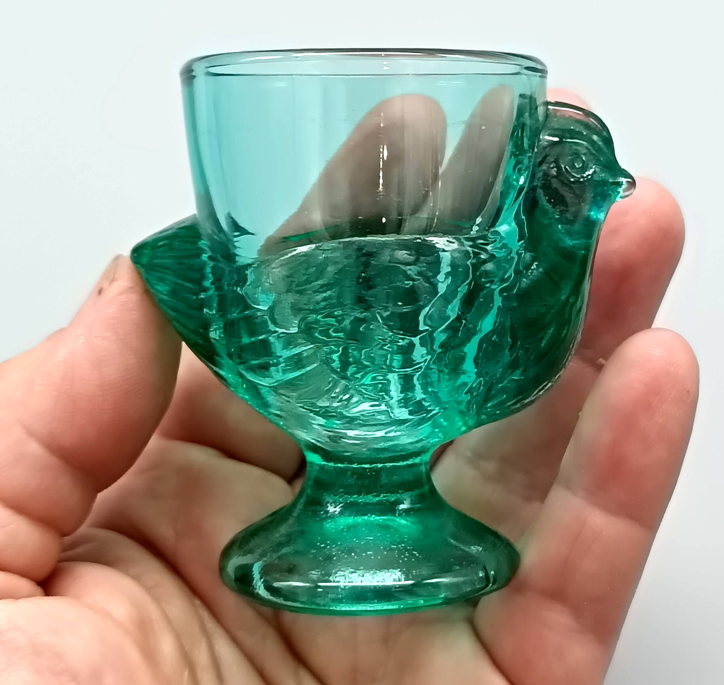 3 vintage french egg cups, turquoise glass, hen shape, luminarc