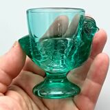 3 vintage french egg cups, turquoise glass, hen shape, luminarc