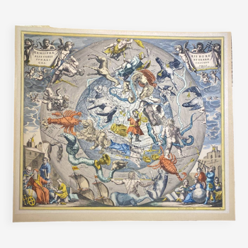 Planche lithographiée, carte céleste de Henricus Hondius début XX siècle