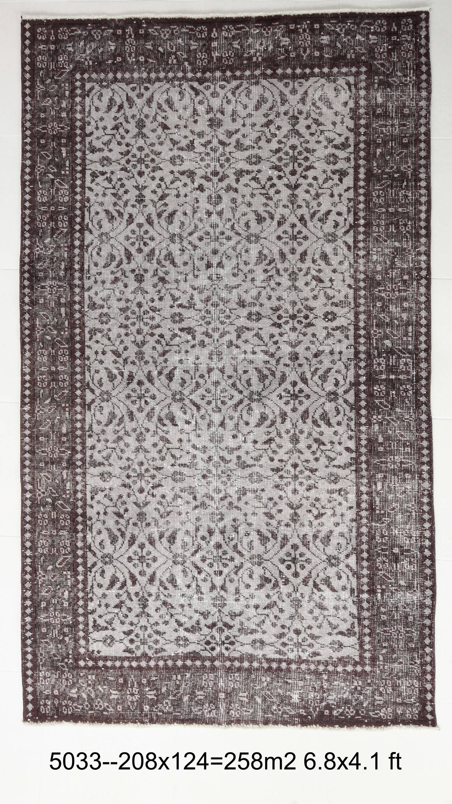 4x7 Turkish Floral Gray & Black Vintage Rug, 124x208Cm