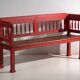 Old red-painted pine bench with turned backrest – Central Europe, circa 1900