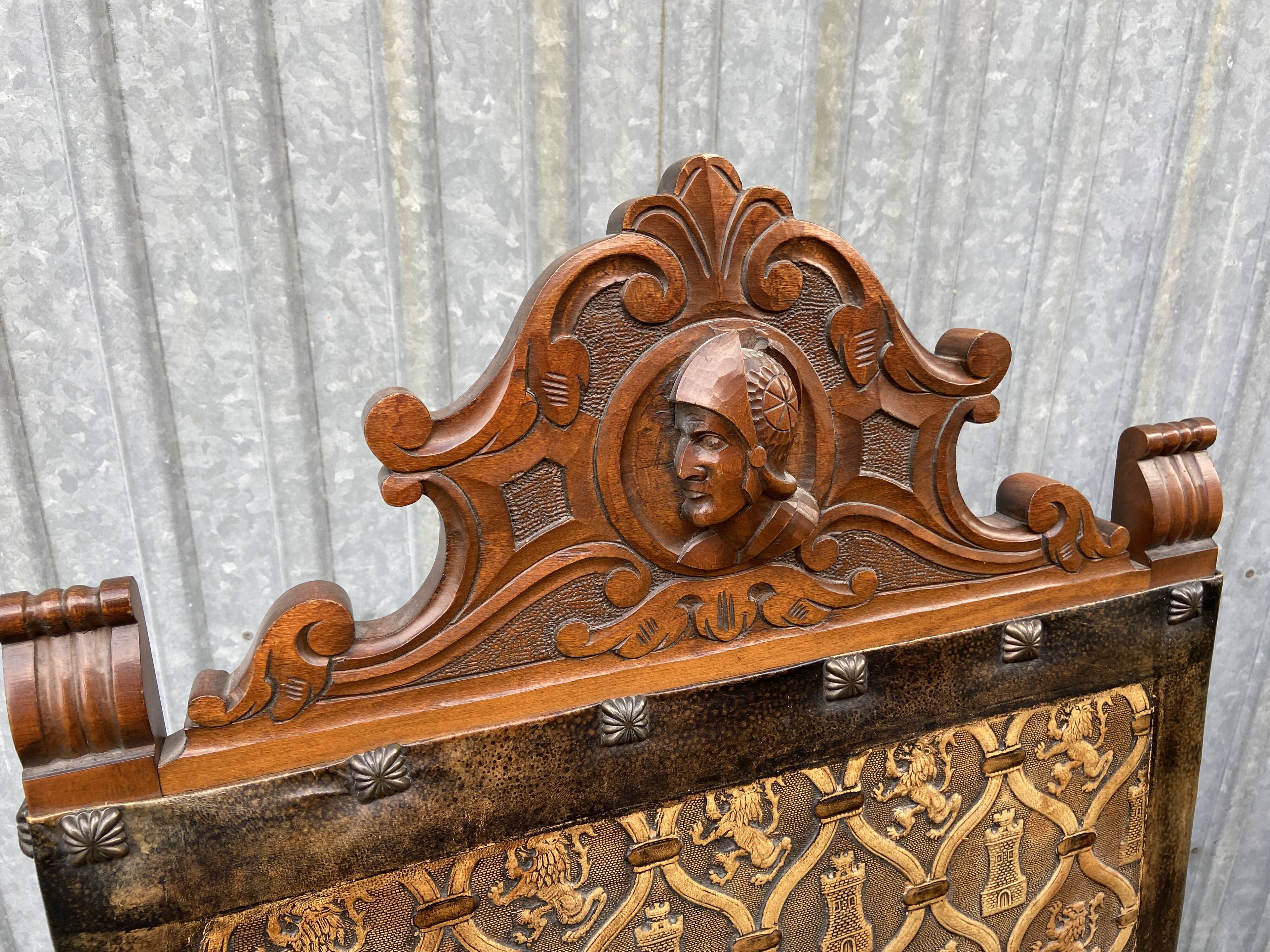 Pair of Throne Armchairs Spanish Renaissance style French Spanish armchair leather from Cordoba 1960s