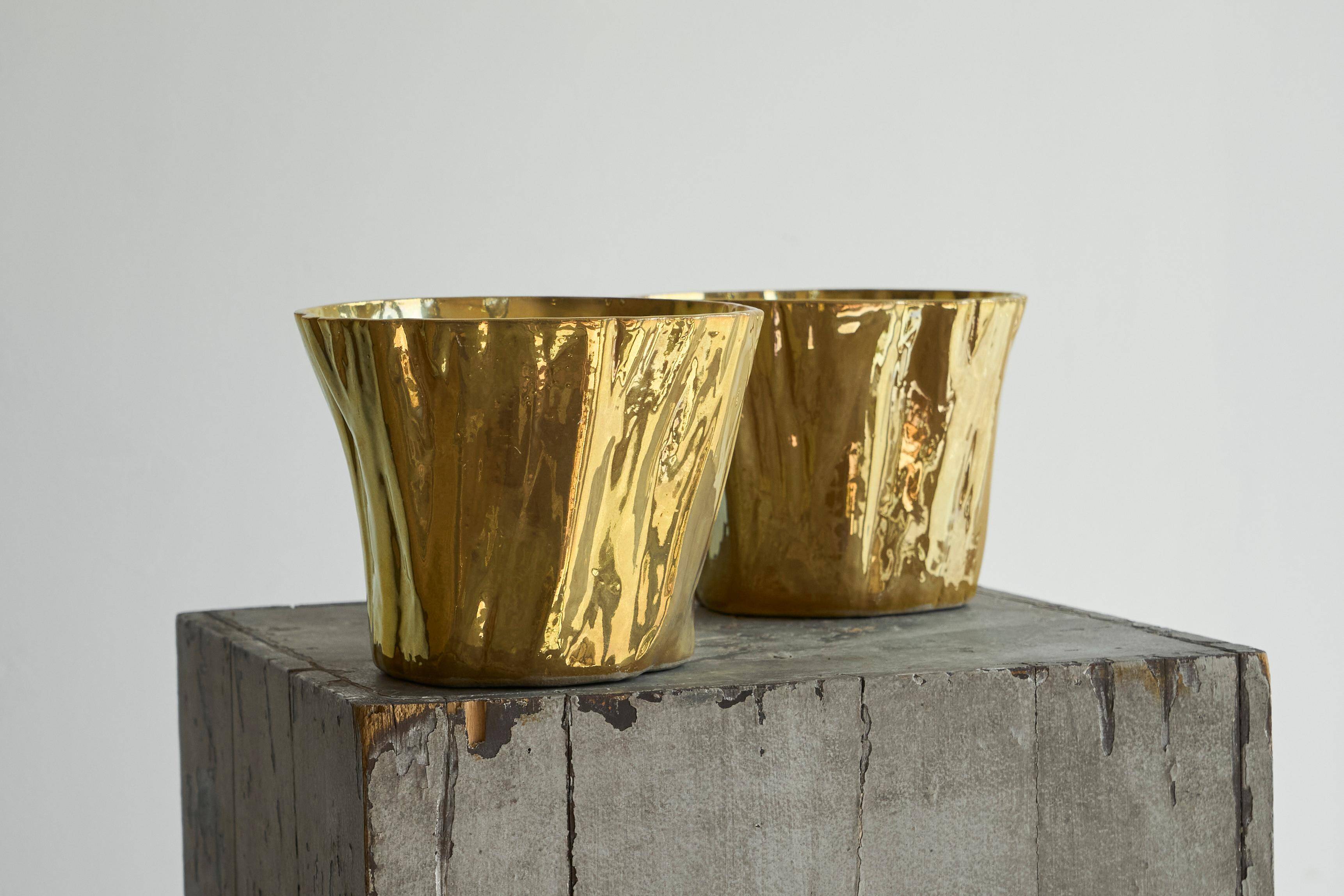 Pair of Kasper Mobach vases in pottery with golden glaze from the 1990s.