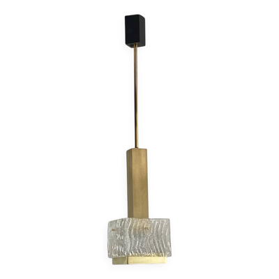 Suspension lustre design Arlus 1950 1960 laiton doré et verre structuré