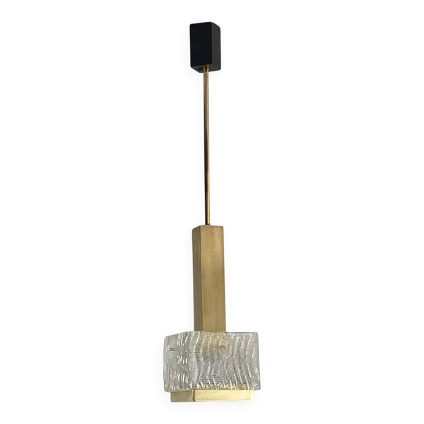 Suspension lustre design Arlus 1950 1960 laiton doré et verre structuré