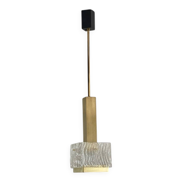 Suspension lustre design Arlus 1950 1960 gold-plated brass and textured glass