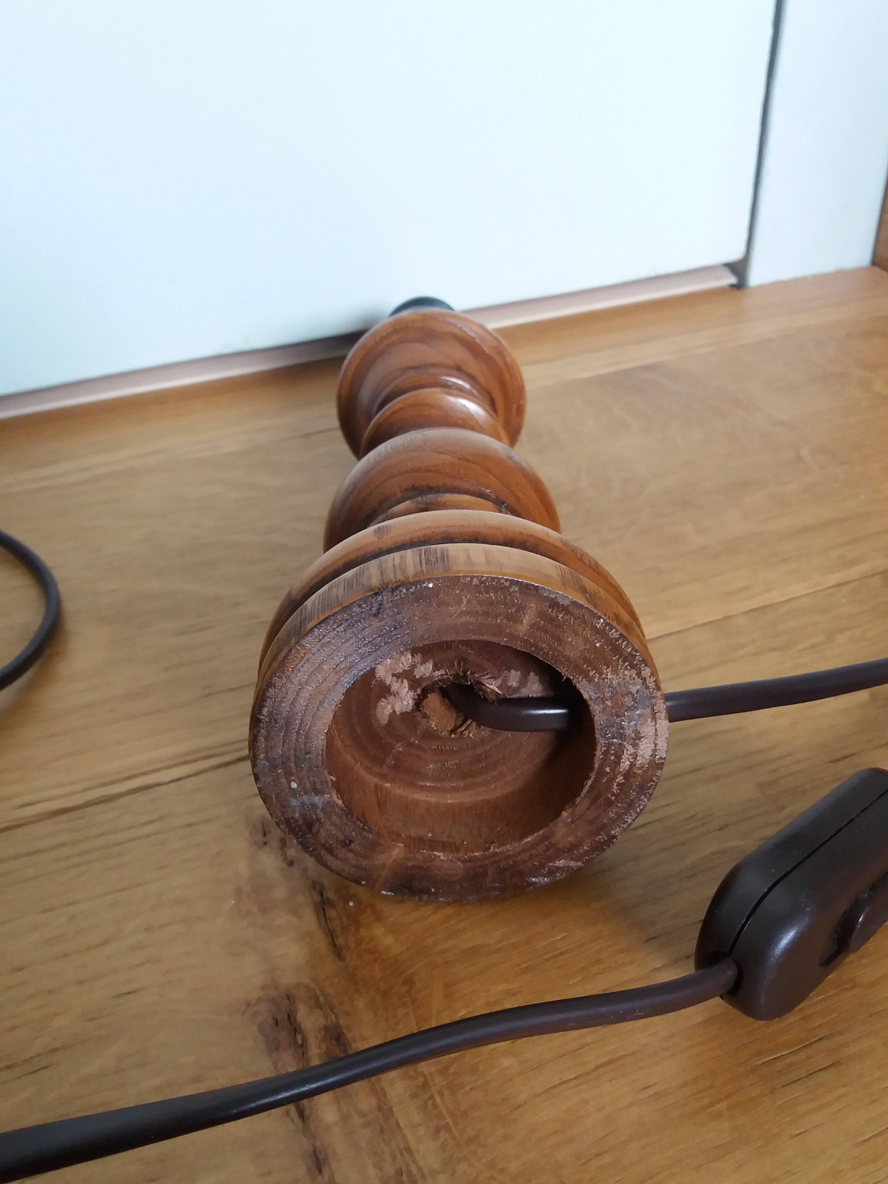 Turned wood lamp with fabric lampshade