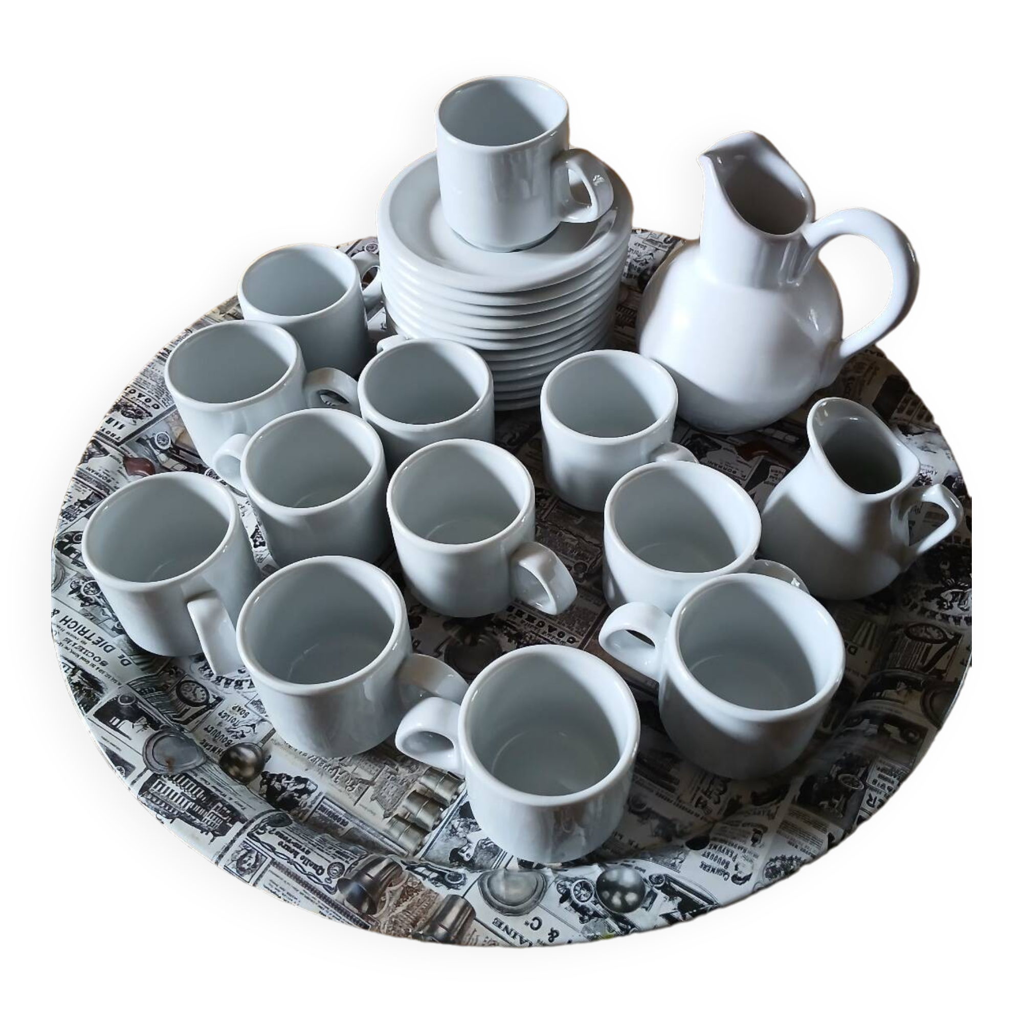 12 bistro coffee cups and 2 pots