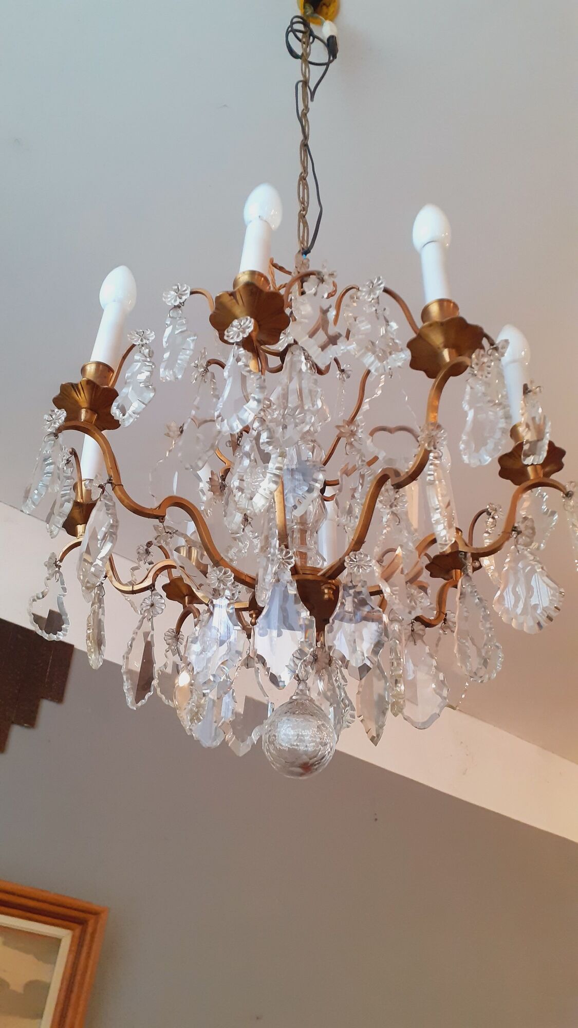 Chandelier cage with grapevines 8 lights Louis XV style in bronze and crystal around 1900
