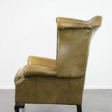 Moss green cow leather Chesterfield wingback armchair in English style