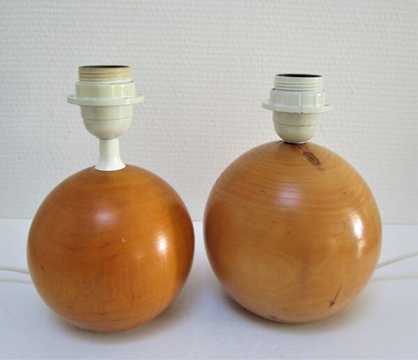 Paire de pieds de lampes boules bois massif Par IMT italie vintage