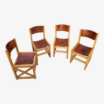 Four wood and leather chairs 1940 /50