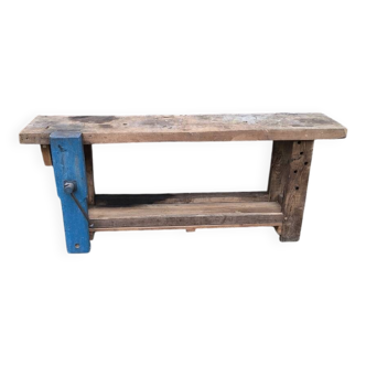 Old oak and beech workbench with its press