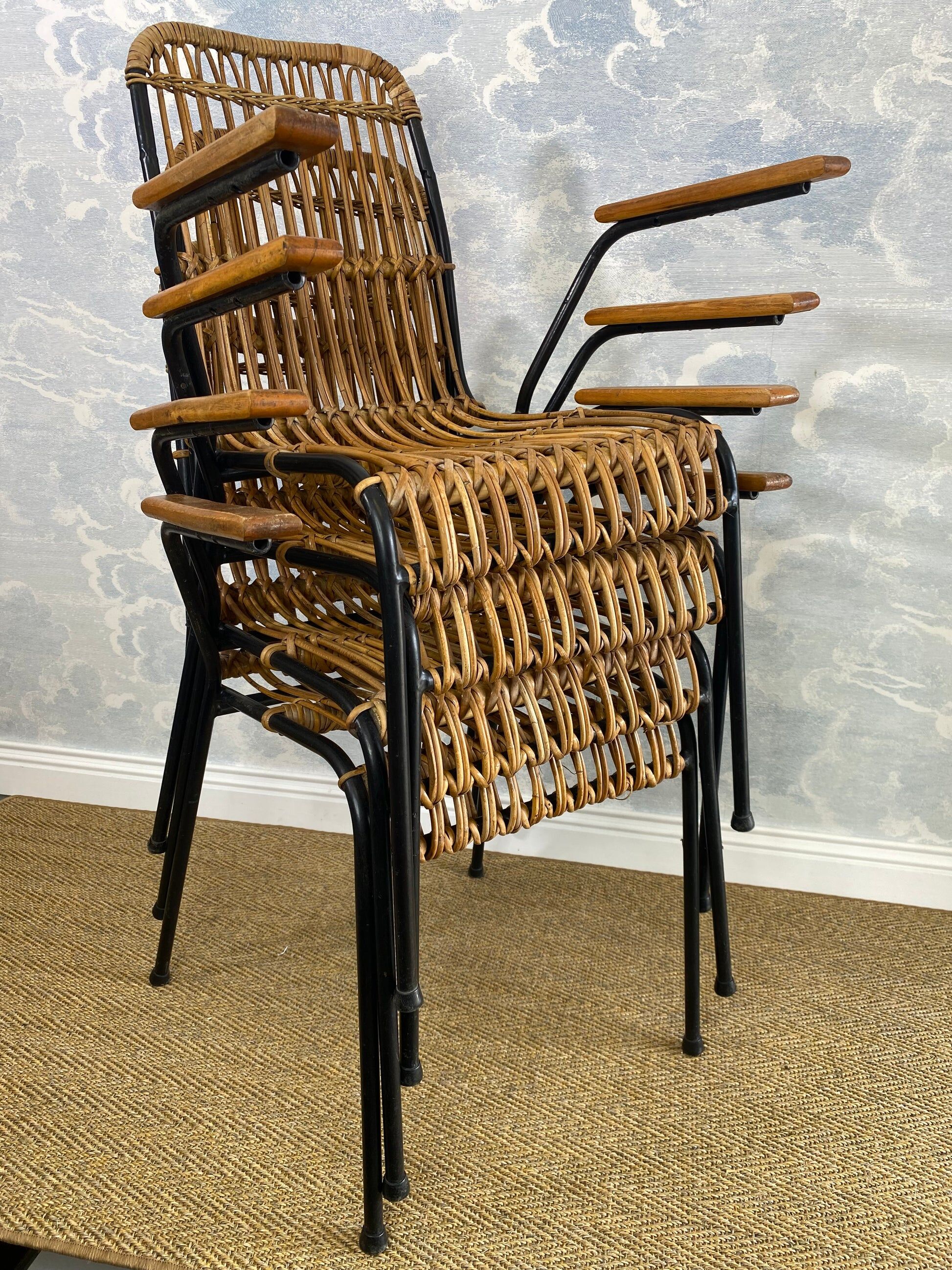 Set of 4 vintage rattan and bamboo chairs by Schumacher, Belgium 1950s.