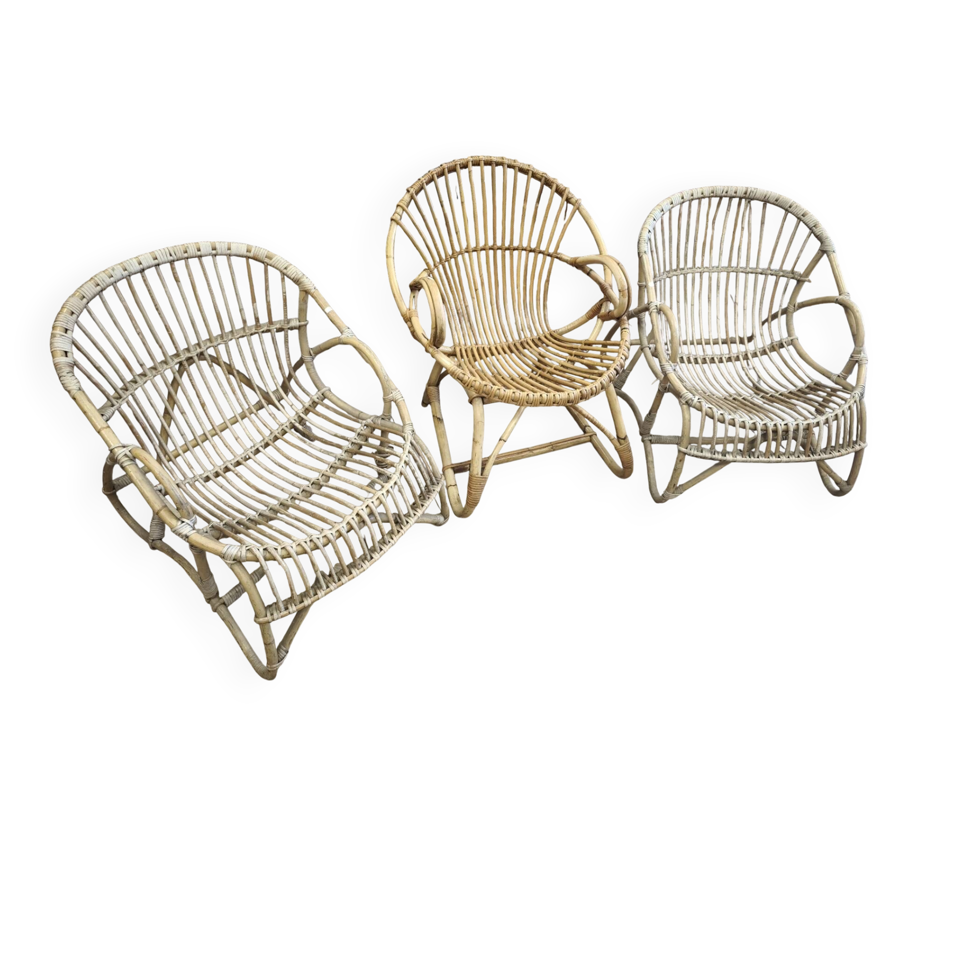 Lot de 3 fauteuils en rotin vintage