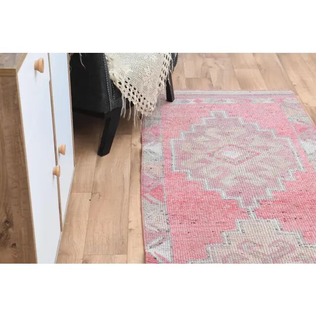1970s Vintage Turkish Oushak Handmade Wool Cotton Pink Runner Rug 93x327