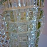 Thick, molded glass ear vase, art deco period and style, stylized leaves and grapes