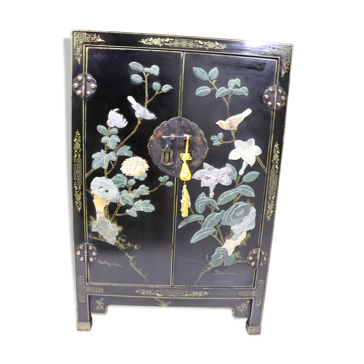Chinese black laqué buffet 2 doors semi-precious stones on 3 sides